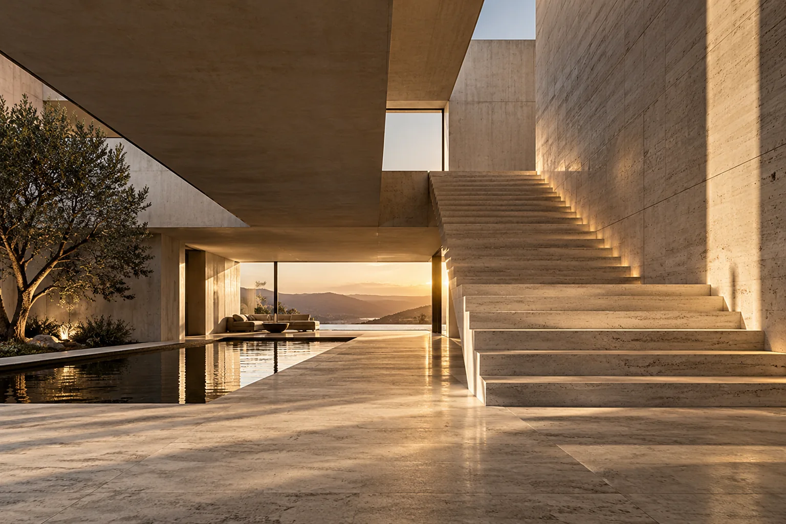 Visualização conceitual de escadaria em travertino banhada por luz dourada em átrio contemporâneo