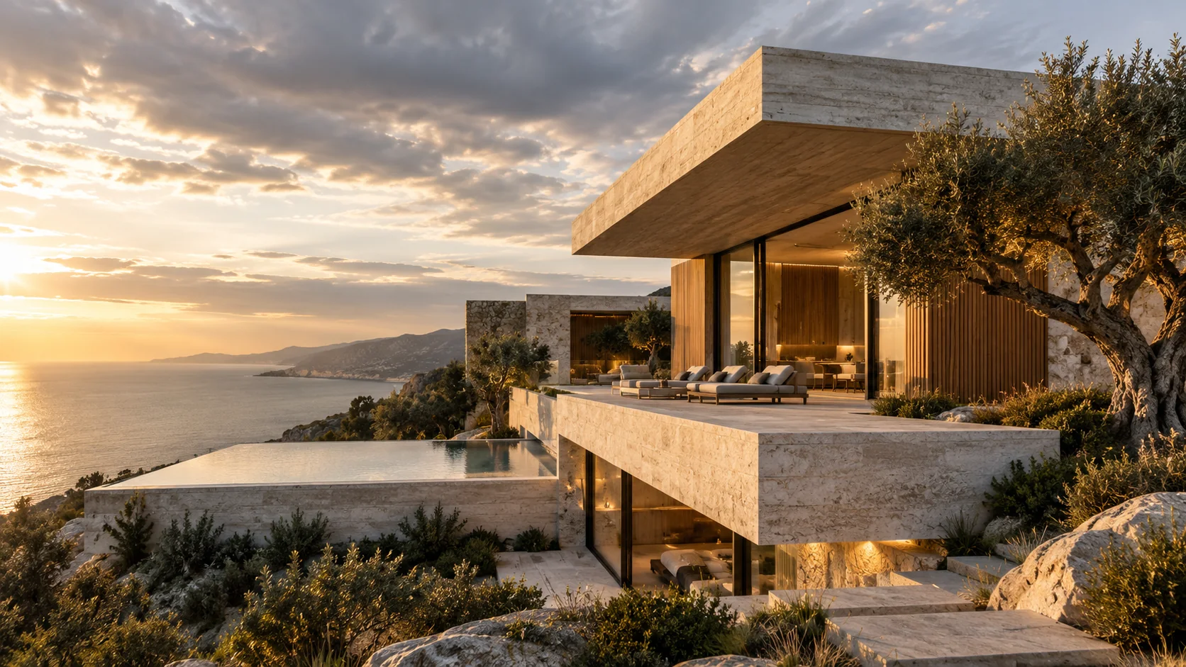 Imagem conceitual de residência contemporânea de pedra e concreto com piscina e vista para o mar ao pôr do sol
